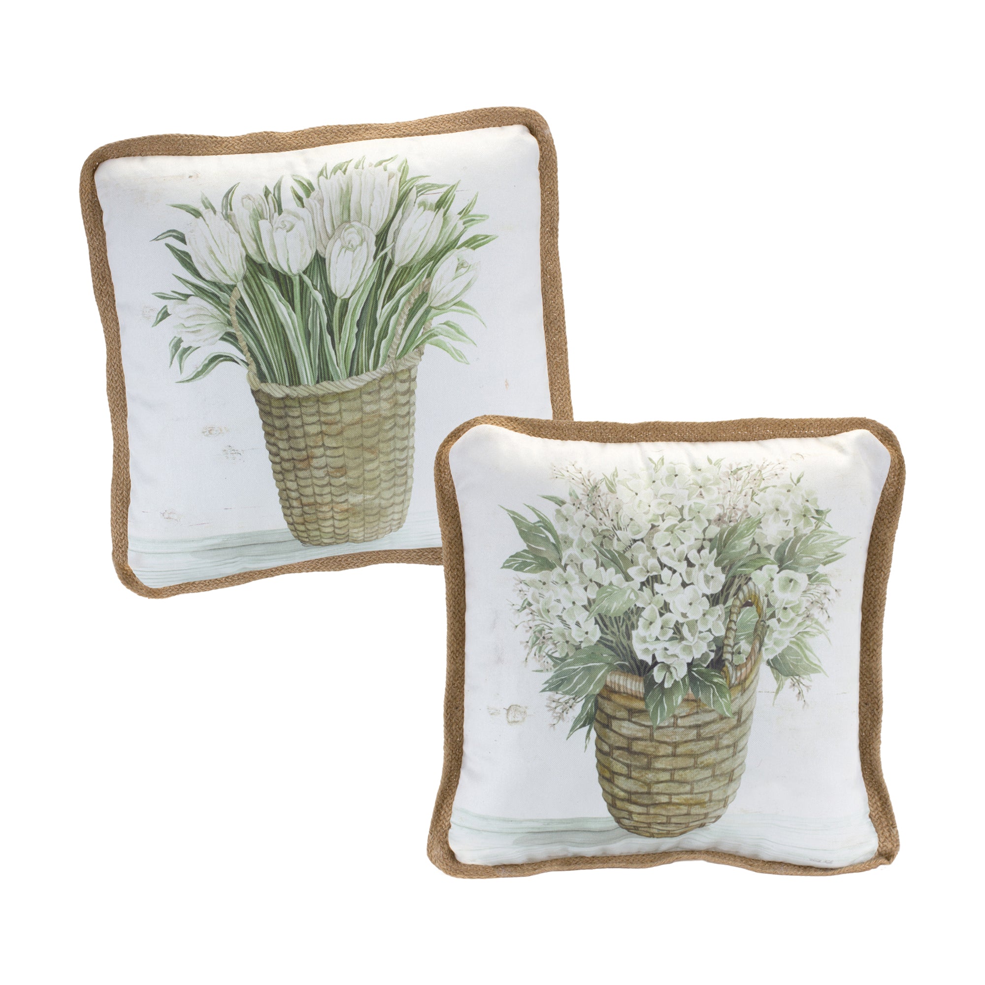 Set of Two Beige and Green Floral Polyester Blend Throw Pillows