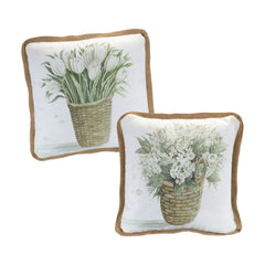 Set of Two Beige and Green Floral Polyester Blend Throw Pillows