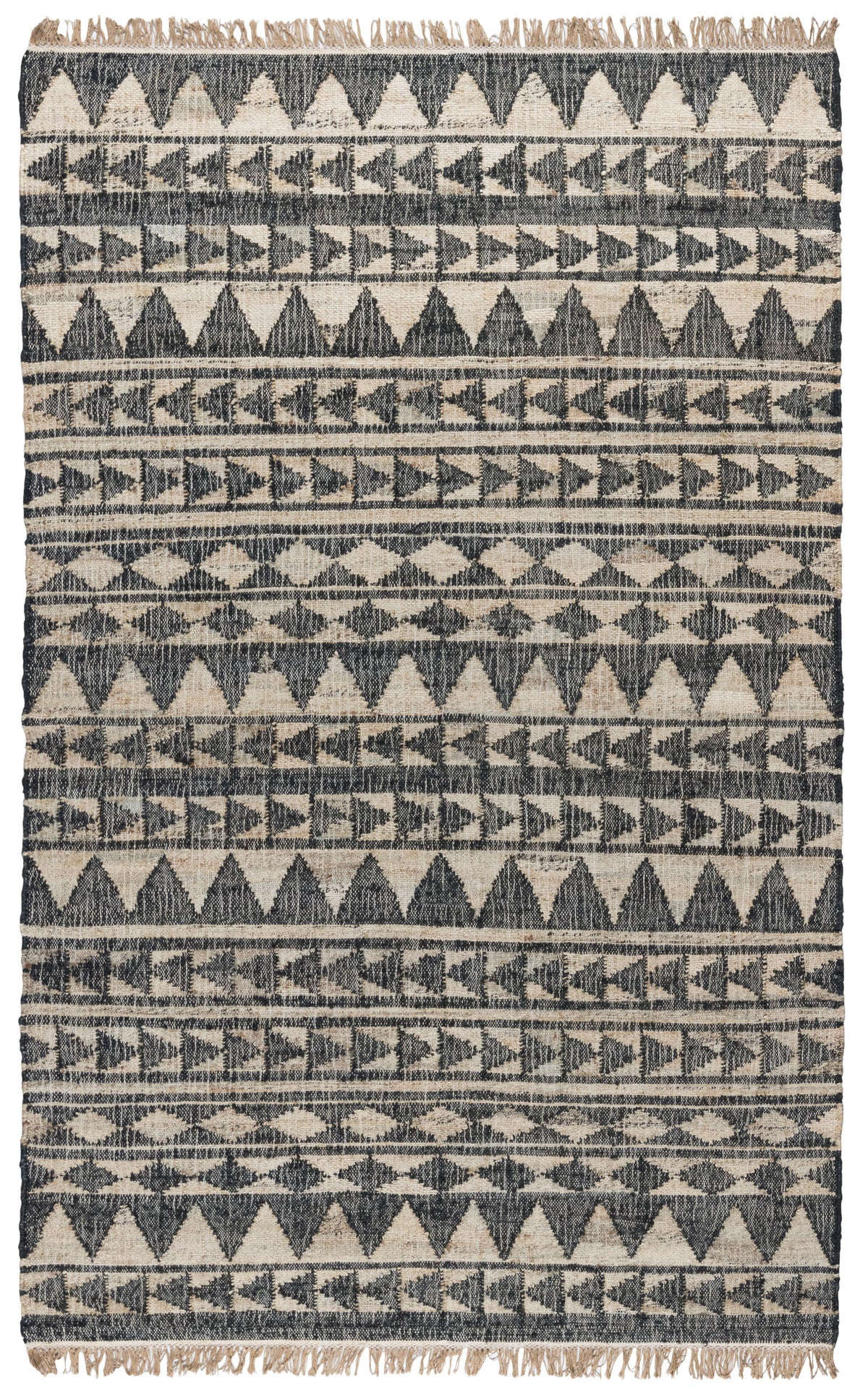 8' Black and Ivory Geometric Hand Woven Runner Rug With Fringe