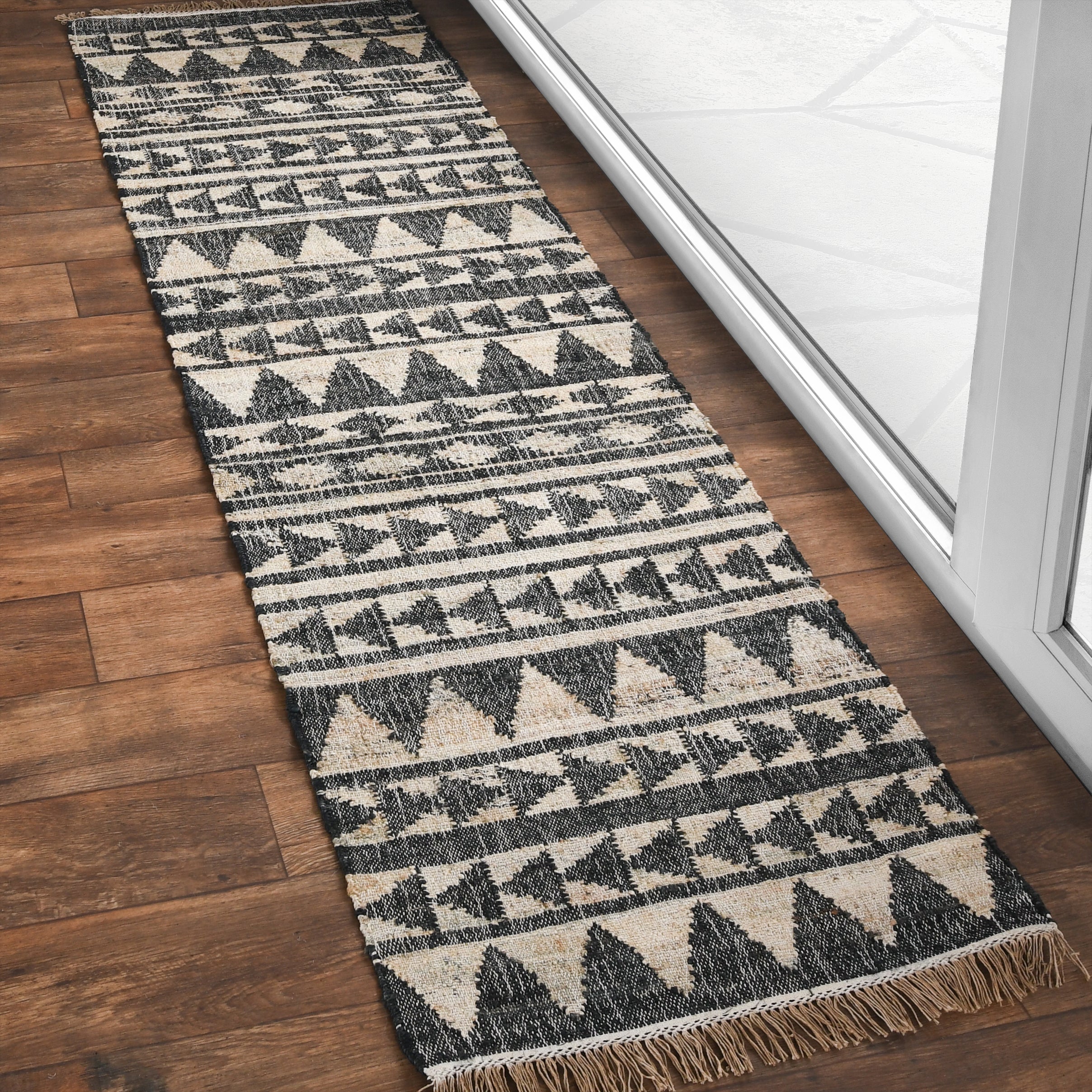 8' Black and Ivory Geometric Hand Woven Runner Rug With Fringe