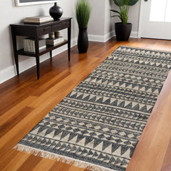 8' Black and Ivory Geometric Hand Woven Runner Rug With Fringe