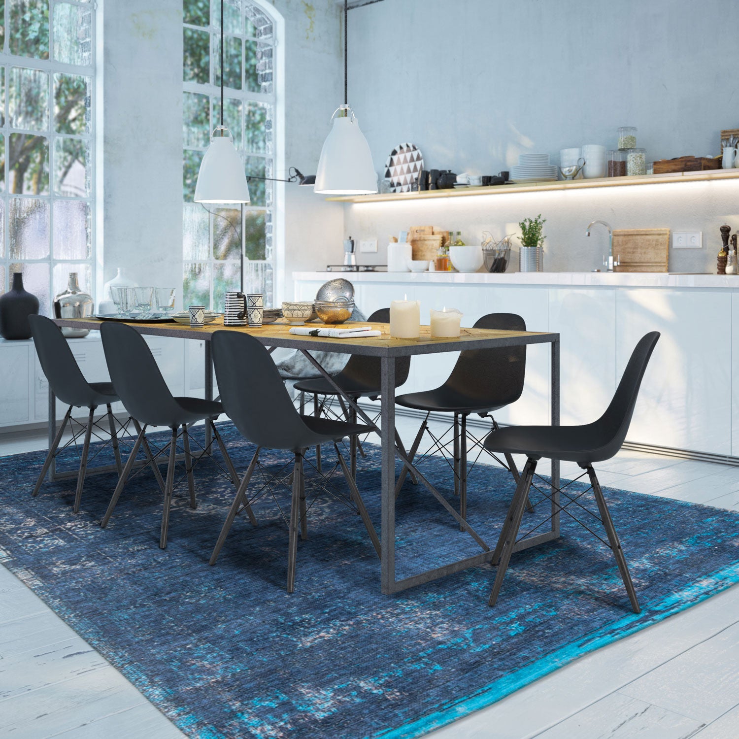 5' x 7' Blue and Gray Medallion Non Skid Area Rug