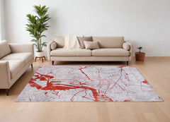 7' x 9' Red and White Abstract Non Skid Area Rug