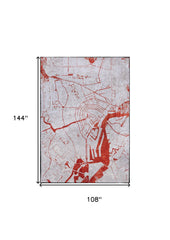 9' X 13' Red and White Abstract Non Skid Area Rug