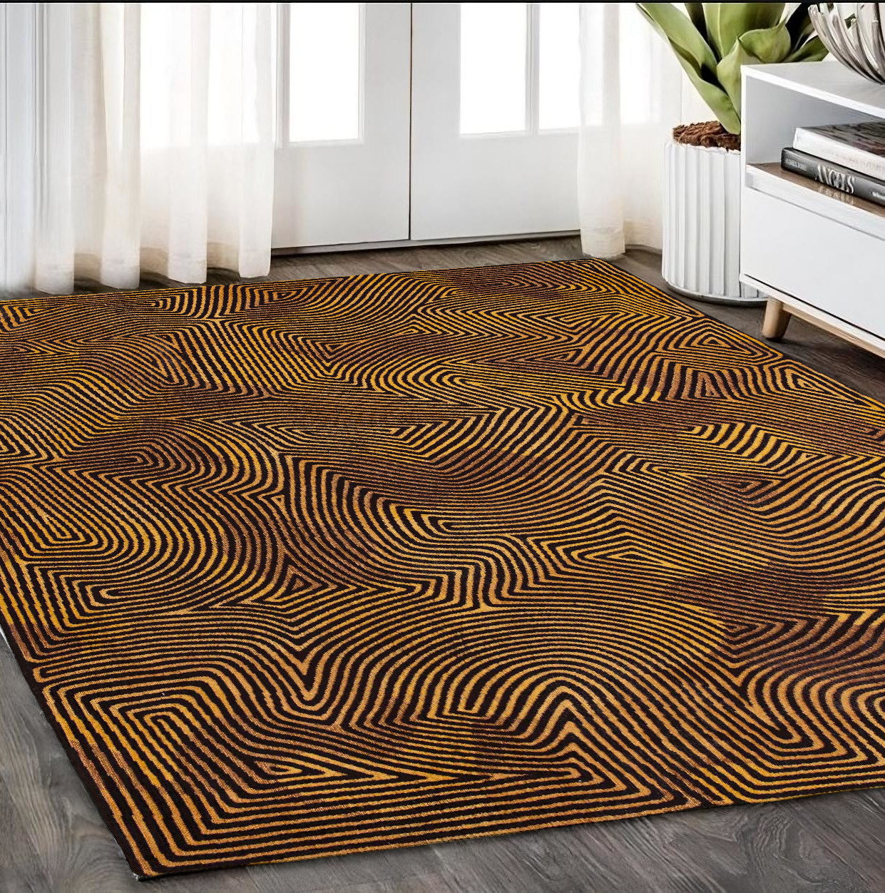 5' x 7' Black and Gold Abstract Non Skid Area Rug