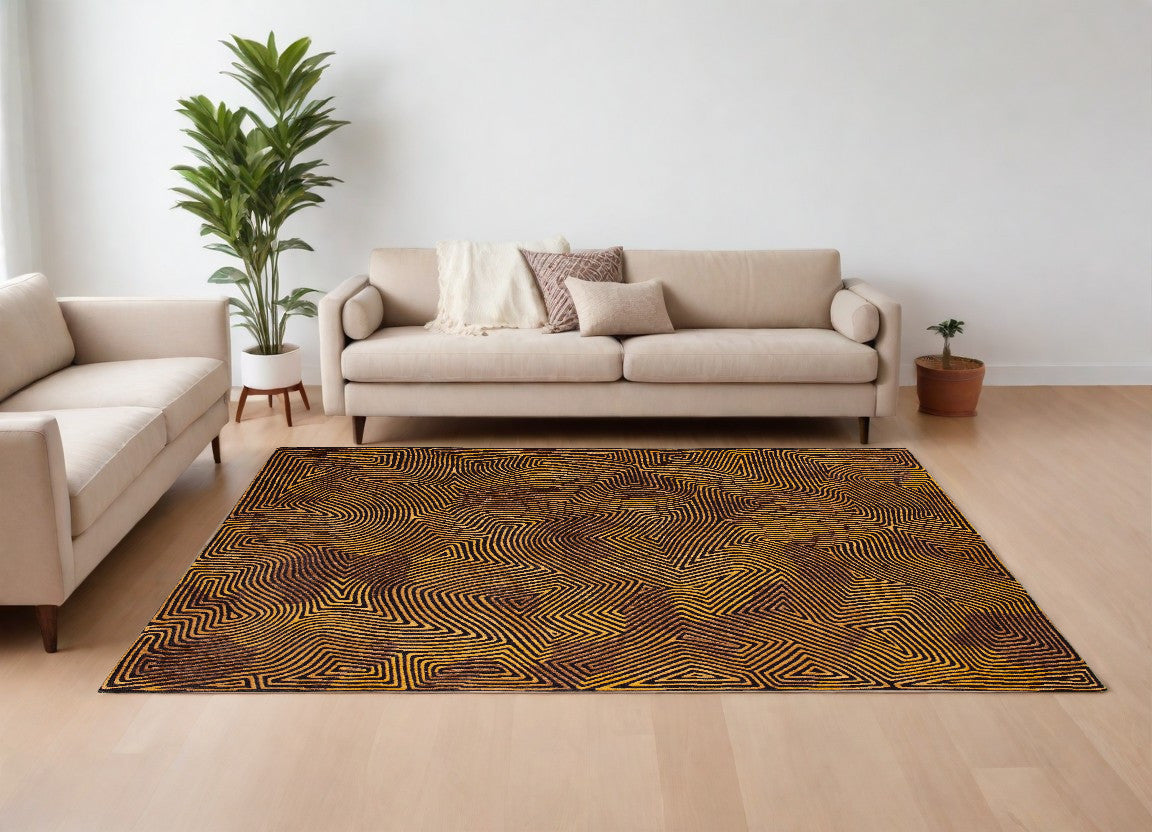 7' x 9' Black and Gold Abstract Non Skid Area Rug