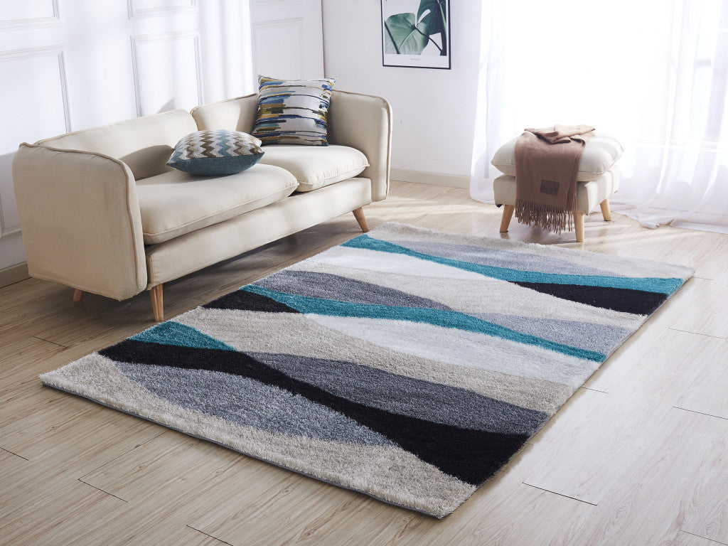 8' x 11' Gray Black and Blue Shag Hand Tufted Area Rug