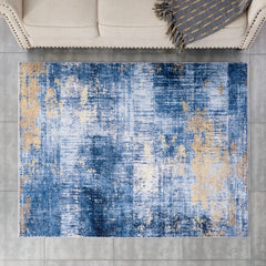 5' x 7' Blue and Gold Abstract Shag Printed Washable Non Skid Area Rug