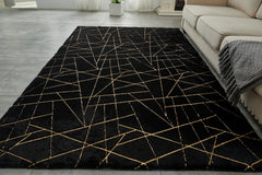 6' x 9' Black and Gold Faux Fur Abstract Shag Non Skid Area Rug