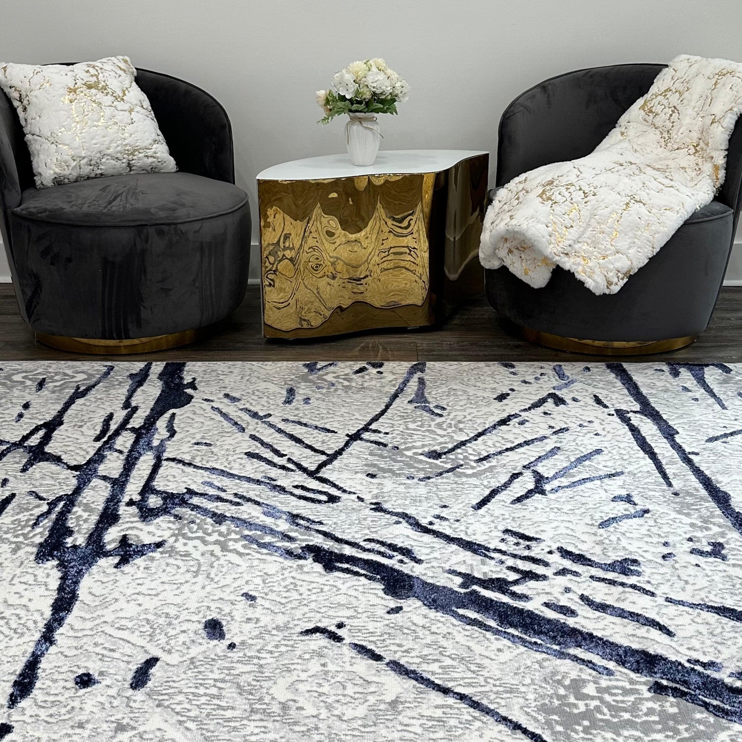 8' x 11' Ivory and Blue Abstract Area Rug