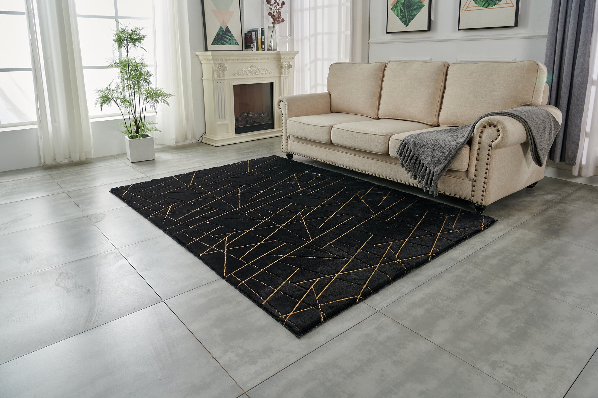 6' x 9' Black and Gold Faux Fur Abstract Shag Non Skid Area Rug
