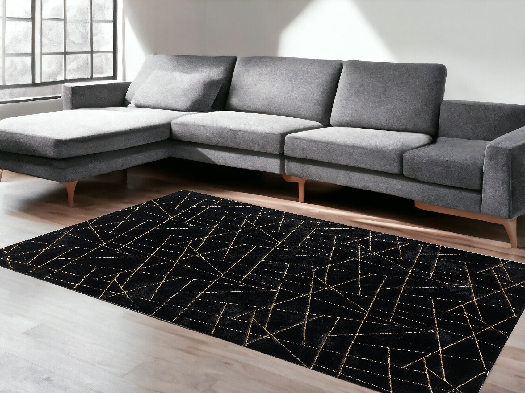 6' x 9' Black and Gold Faux Fur Abstract Shag Non Skid Area Rug