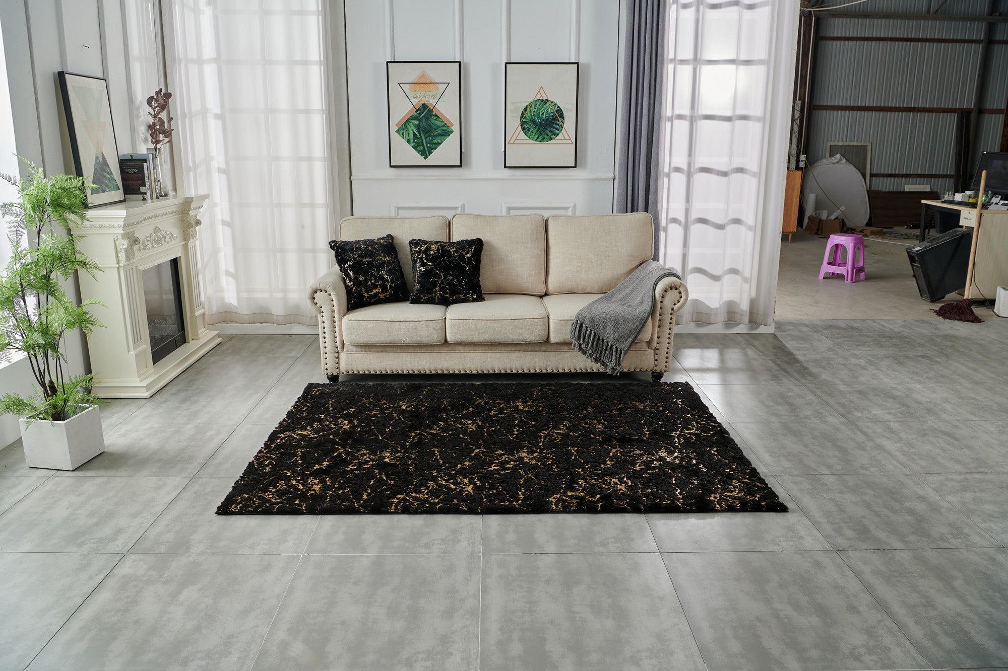 6' x 9' Black and Gold Faux Fur Abstract Shag Non Skid Area Rug