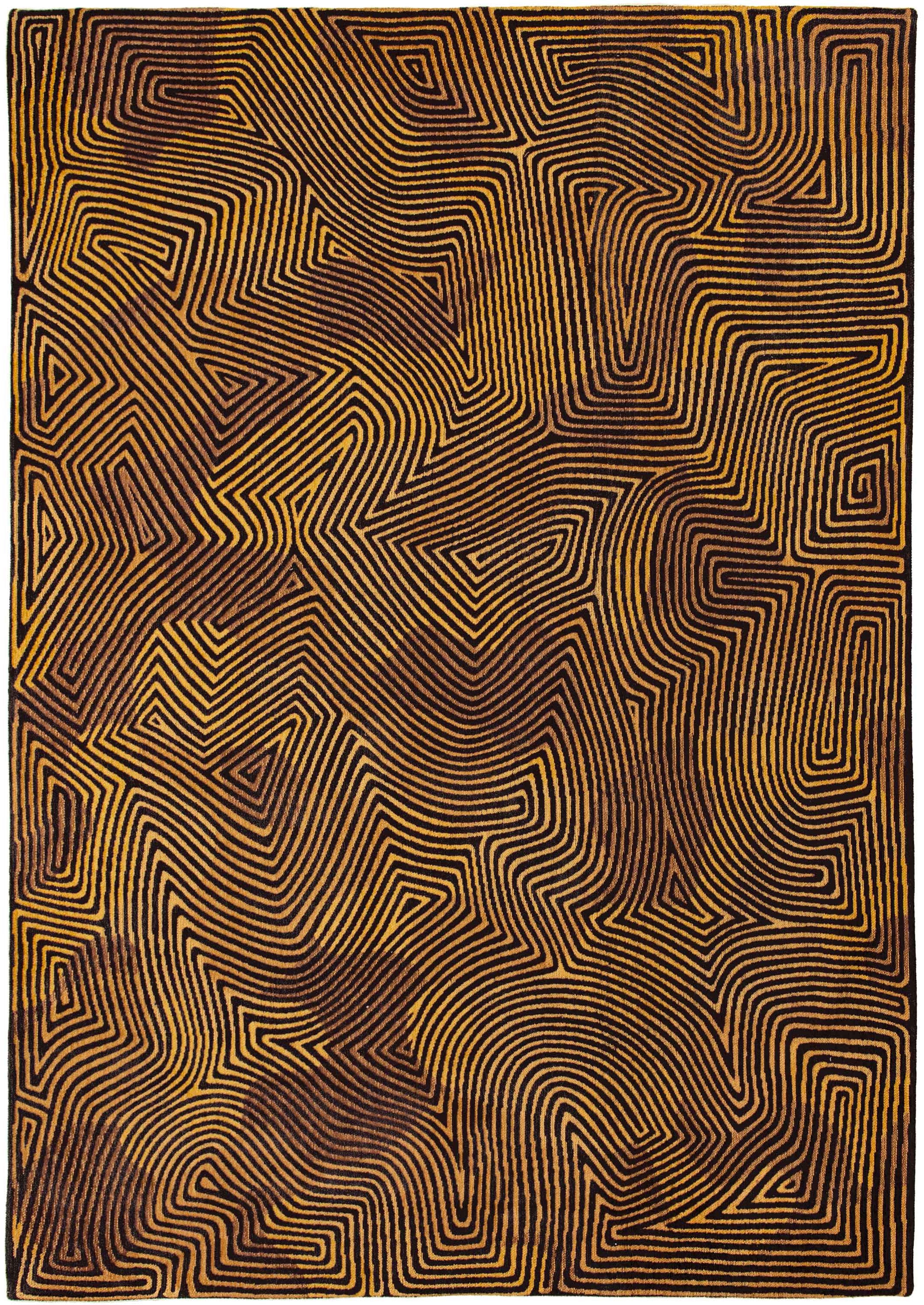 8' Black and Gold Round Abstract Non Skid Area Rug