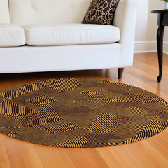 8' Black and Gold Round Abstract Non Skid Area Rug