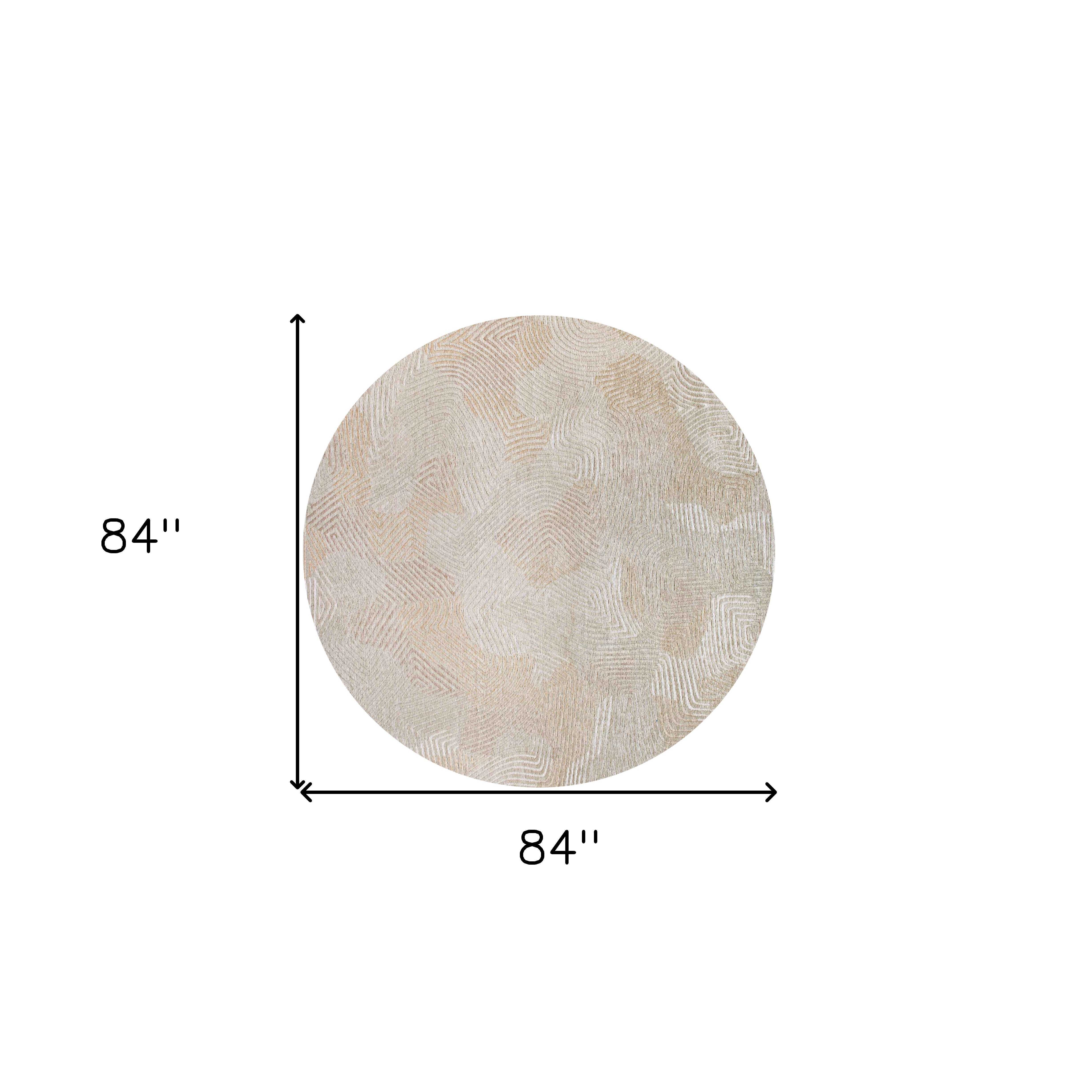 8' Beige and White Round Abstract Non Skid Area Rug