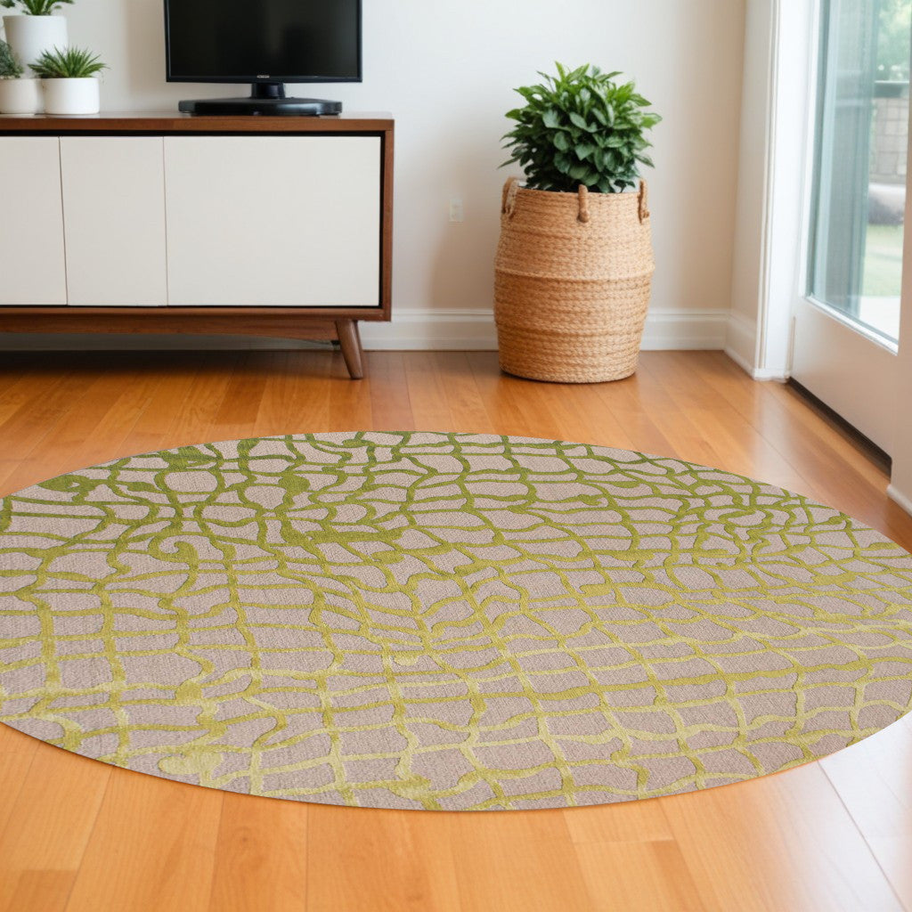 5' Gray and Green Round Abstract Non Skid Area Rug
