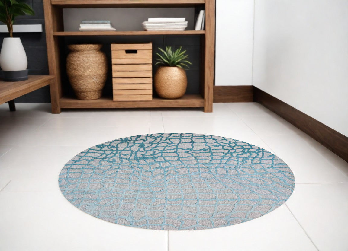 8' Blue and Gray Round Abstract Non Skid Area Rug