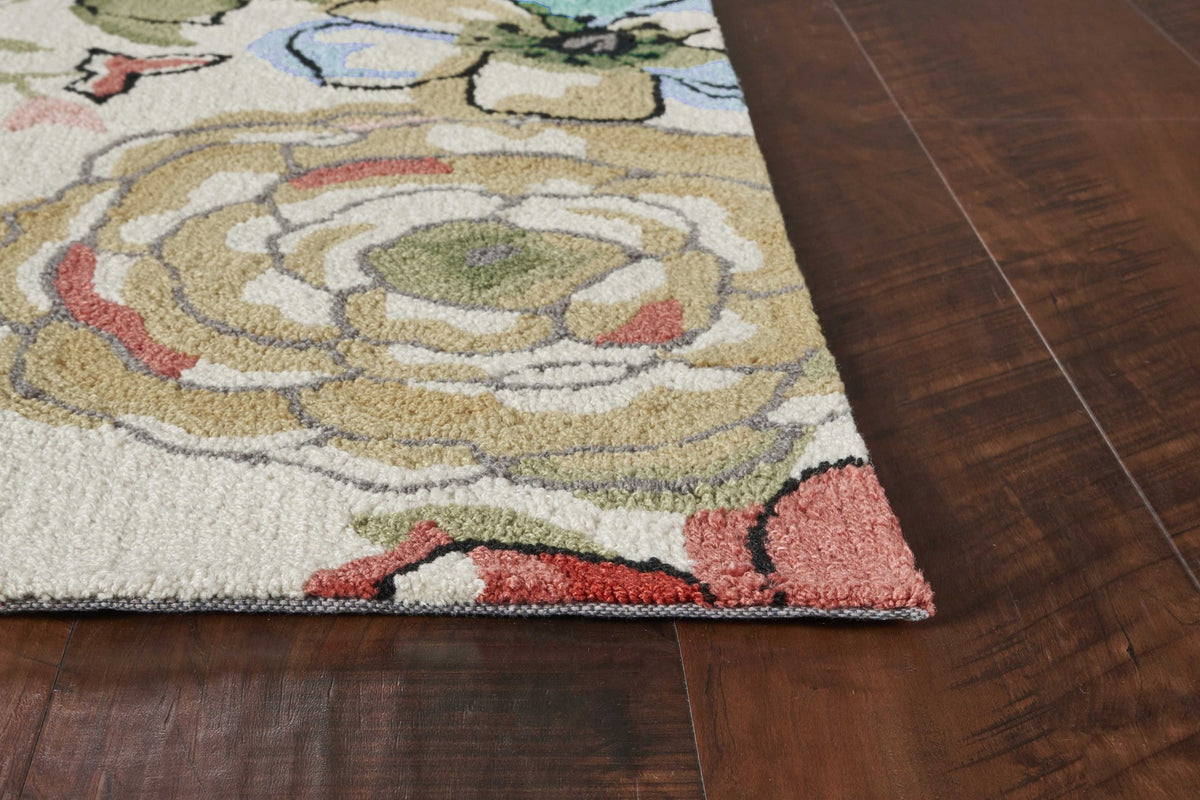 3'X5' Beige Hand Hooked Oversized Floral Indoor Area Rug