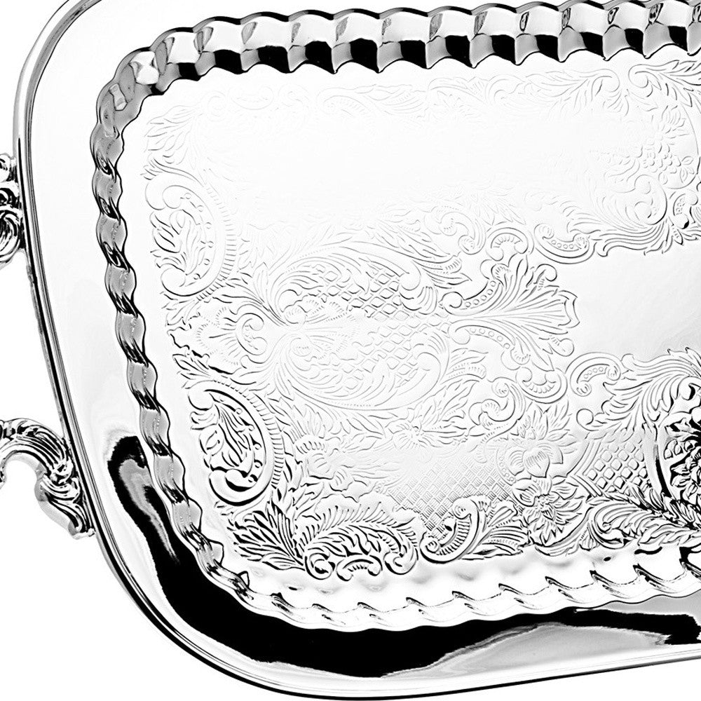 24" Silver Metal Serving Tray With Handles