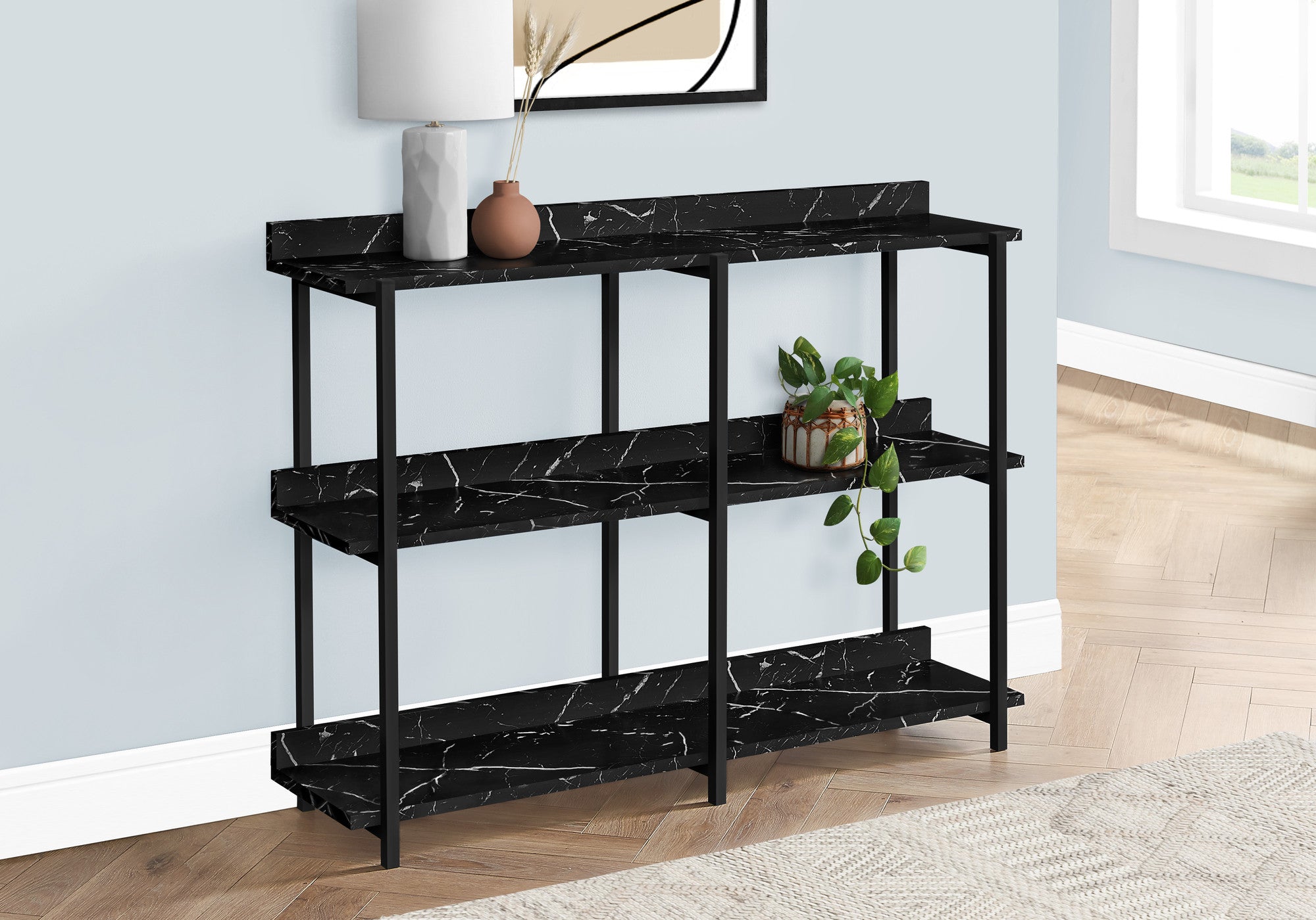 34" Black End Table With Three Shelves