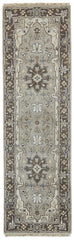 8' Beige Blue and Gray Medallion Hand Knotted Runner Rug With Fringe