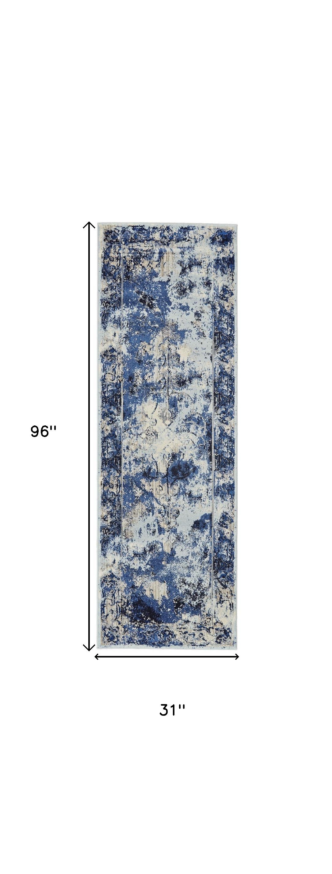 8' Ivory Blue and Gray Medallion Power Loom Distressed Runner Rug