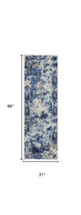 8' Ivory Blue and Gray Medallion Power Loom Distressed Runner Rug
