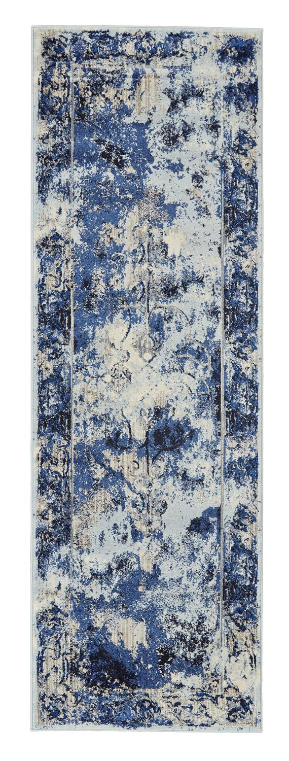 8' Ivory Blue and Gray Medallion Power Loom Distressed Runner Rug