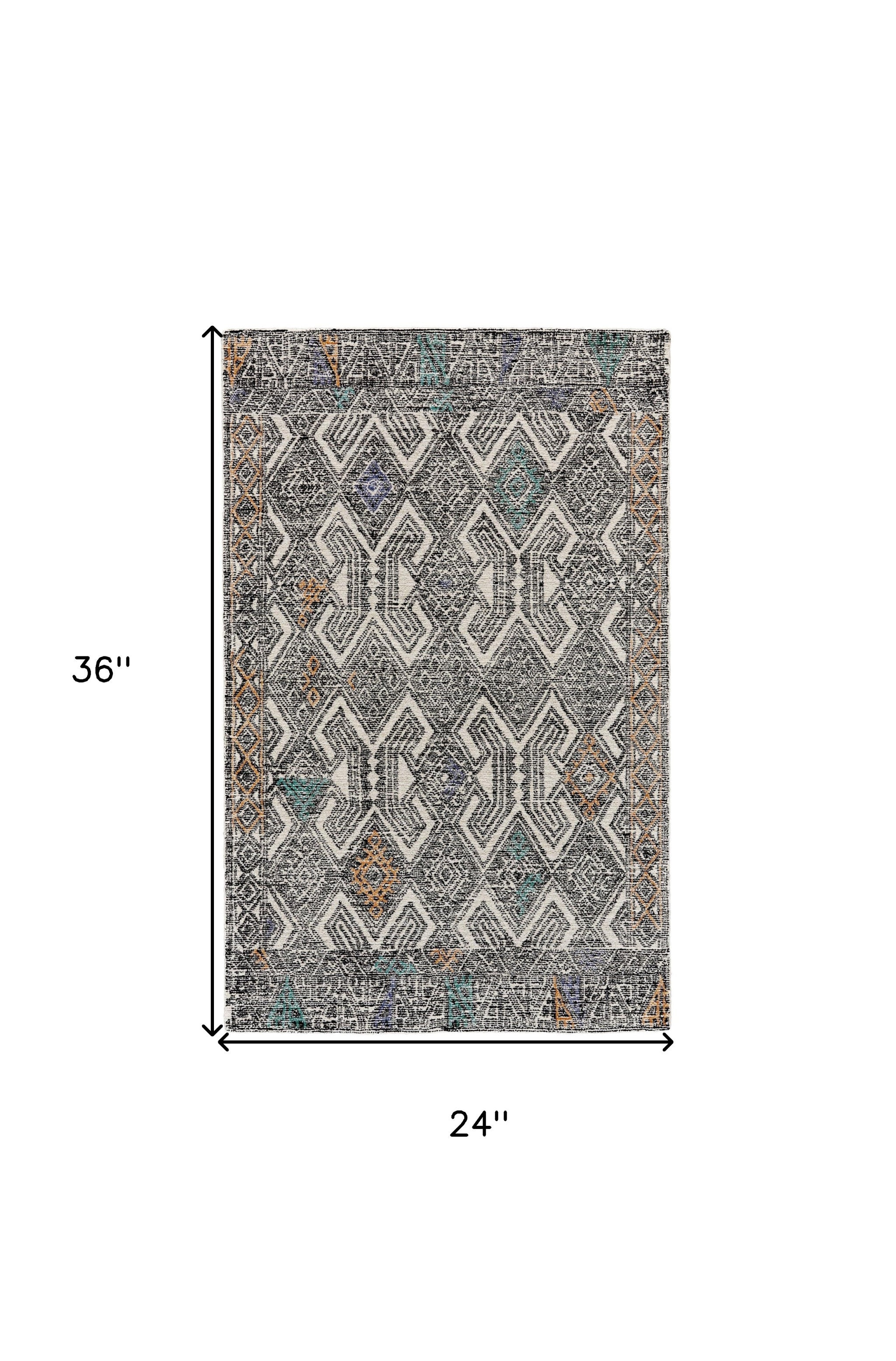 2' x 3' Black and Ivory Wool Chevron Hand Tufted Distressed Area Rug