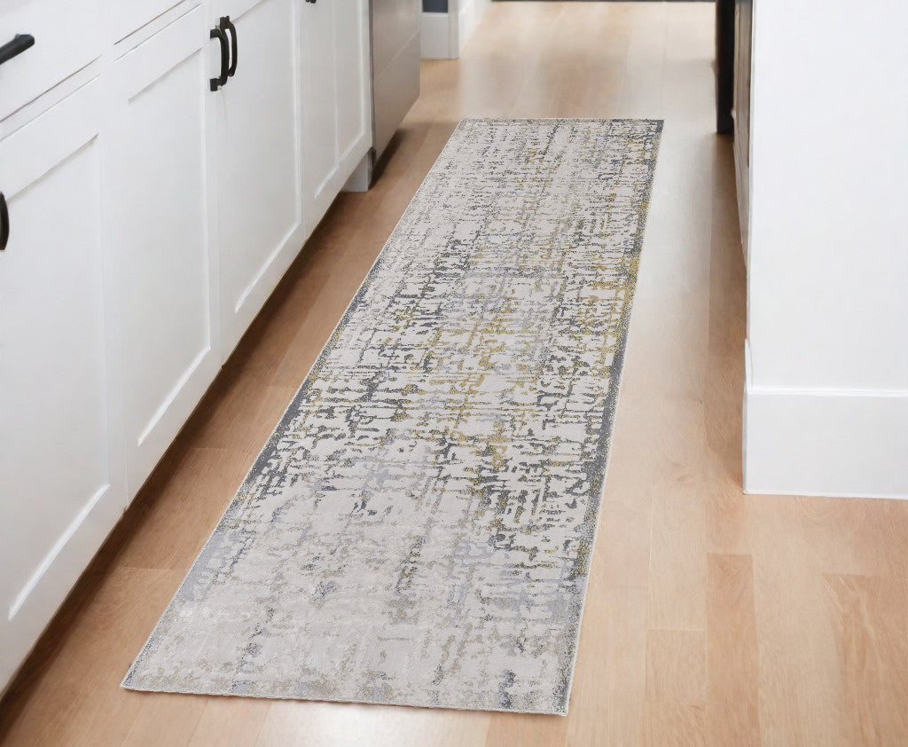 8' Ivory and Gray Abstract Distressed Runner Rug