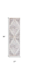 8' Gray and Ivory Medallion Power Loom Distressed Runner Rug With Fringe