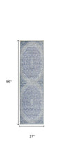 8' Blue and Gray Medallion Power Loom Distressed Runner Rug With Fringe