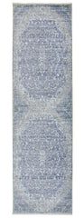 8' Blue and Gray Medallion Power Loom Distressed Runner Rug With Fringe
