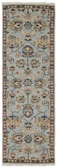8' Gray and Gold Oriental Hand Knotted Runner Rug With Fringe