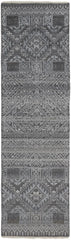 10' Gray Ivory and Blue Geometric Hand Knotted Runner Rug With Fringe