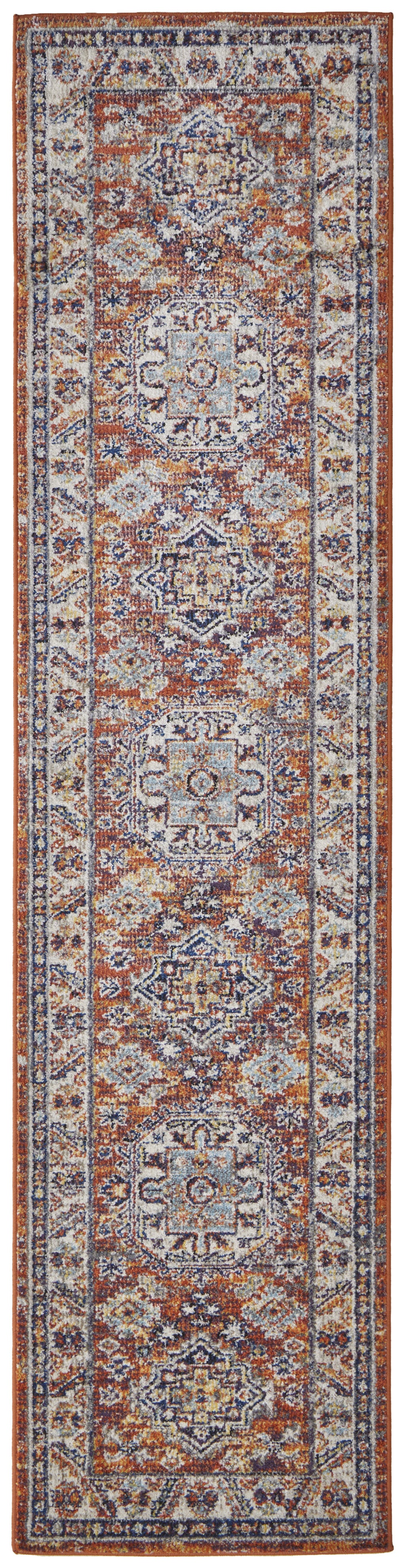 8' Ivory Blue and Orange Medallion Runner Rug