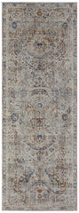 12' Ivory Blue and Orange Medallion Power Loom Distressed Runner Rug With Fringe