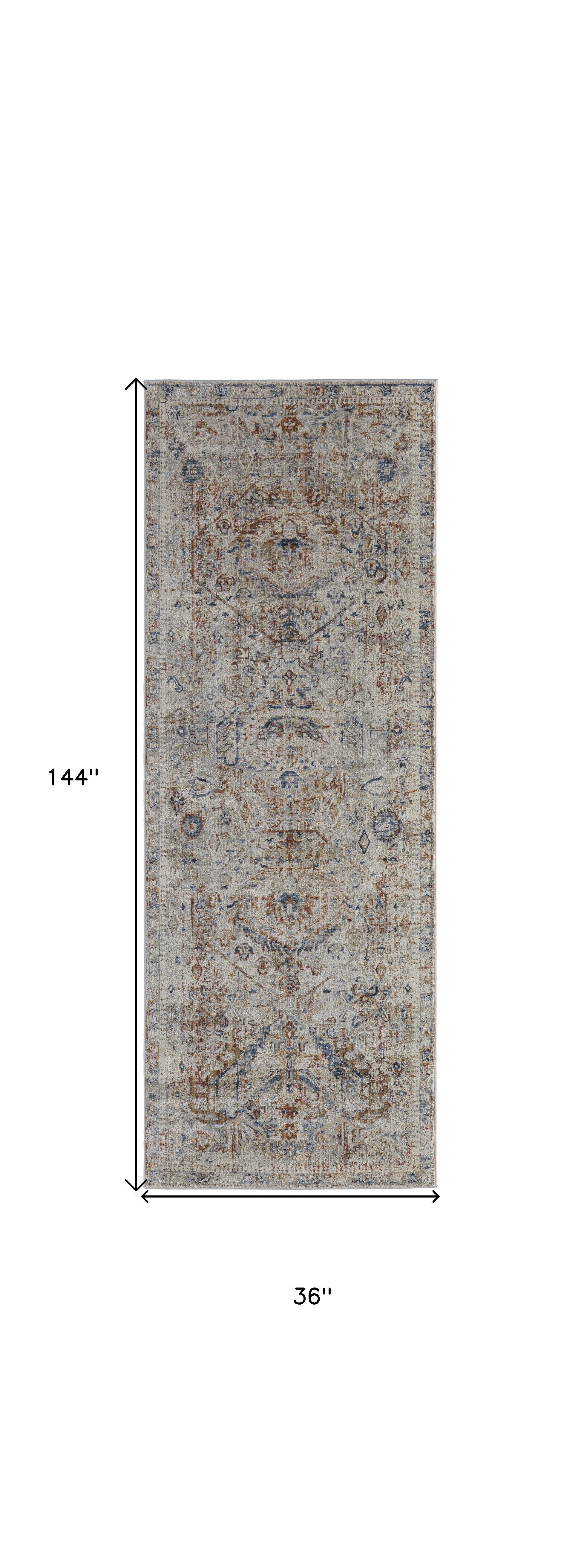 12' Ivory Blue and Orange Medallion Power Loom Distressed Runner Rug With Fringe