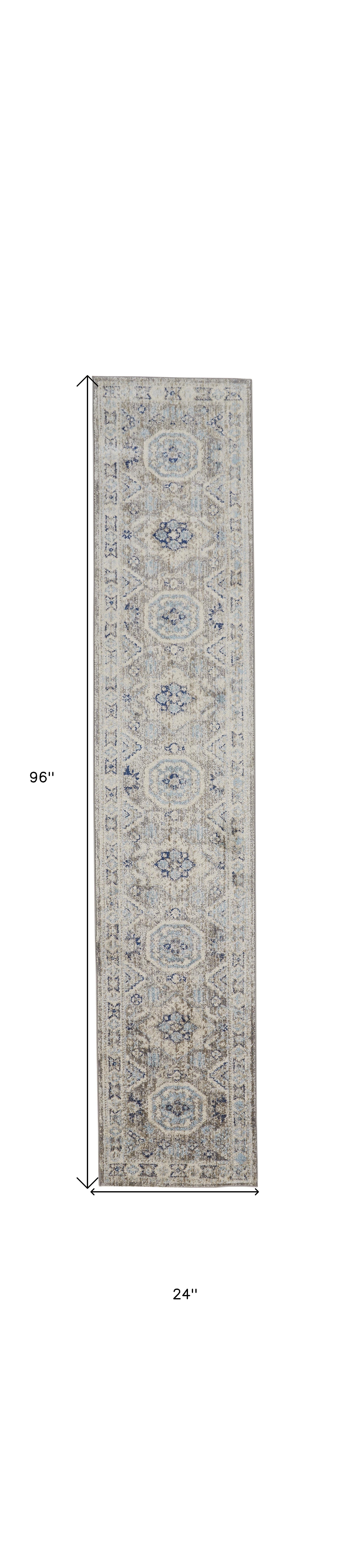 8' Blue and Gray Medallion Runner Rug