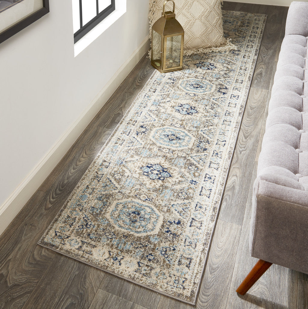 8' Blue and Gray Medallion Runner Rug