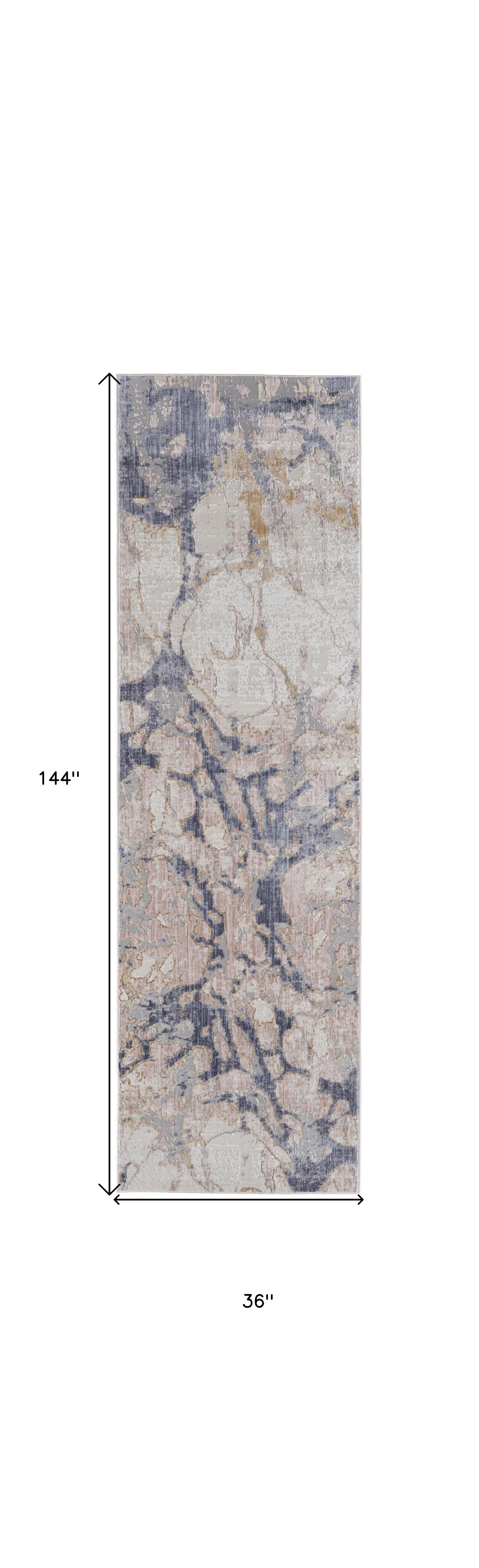 12' Beige and Blue Abstract Power Loom Distressed Runner Rug