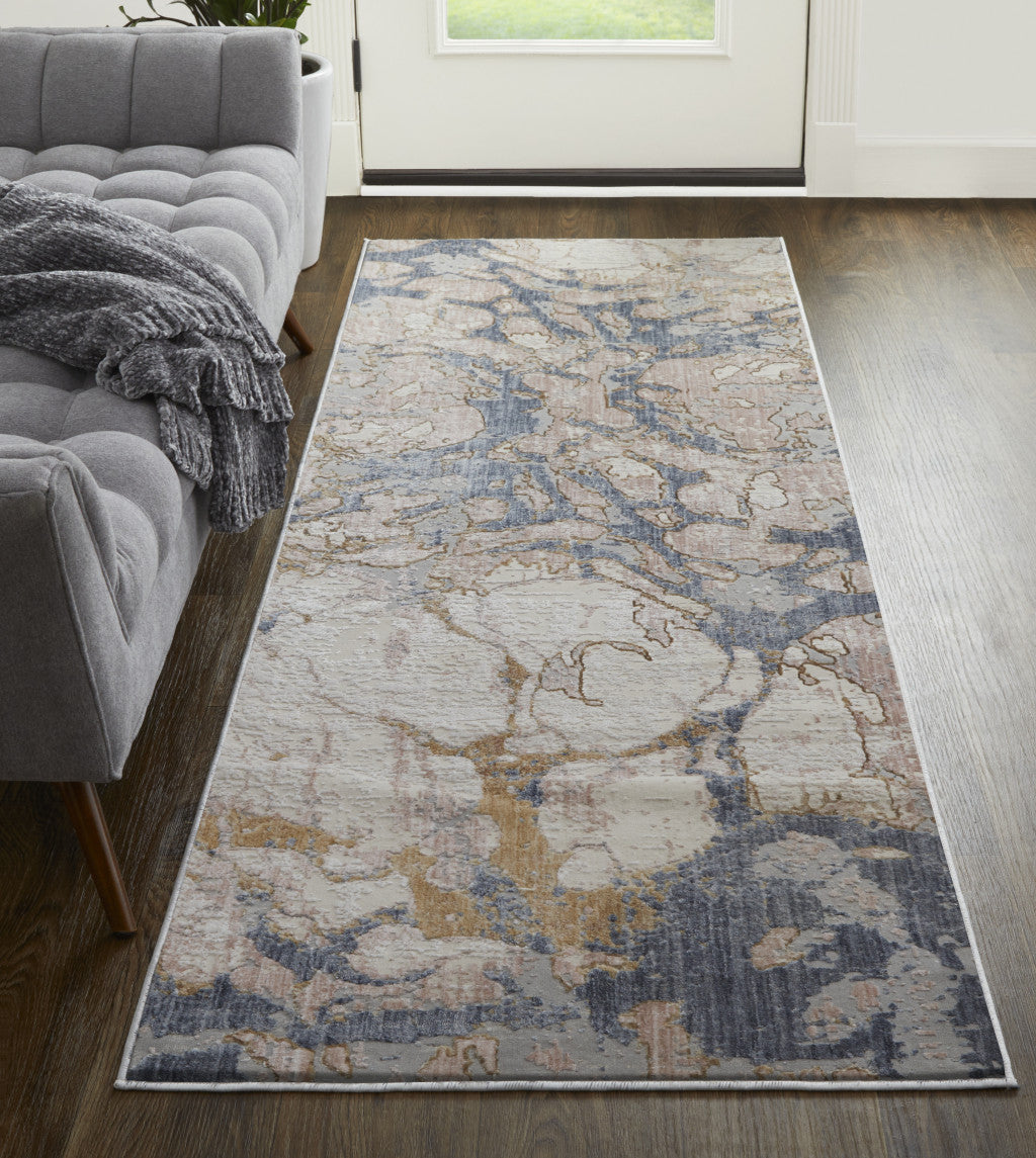 12' Beige and Blue Abstract Power Loom Distressed Runner Rug