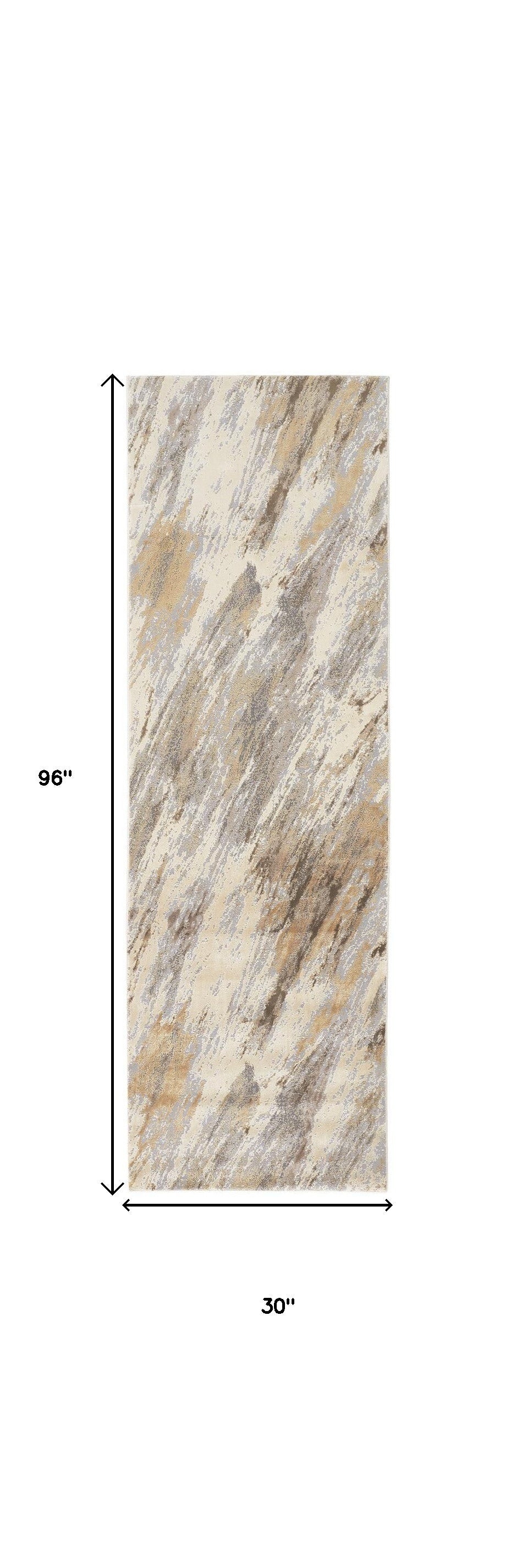 8' Brown and Ivory Abstract Distressed Runner Rug
