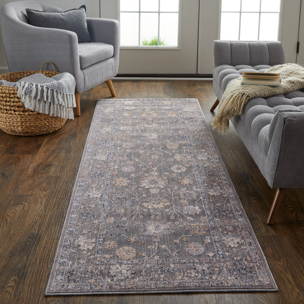 8' Blue and Gray Oriental Power Loom Runner Rug