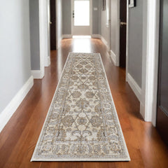 8' Brown and Ivory Oriental Power Loom Distressed Runner Rug