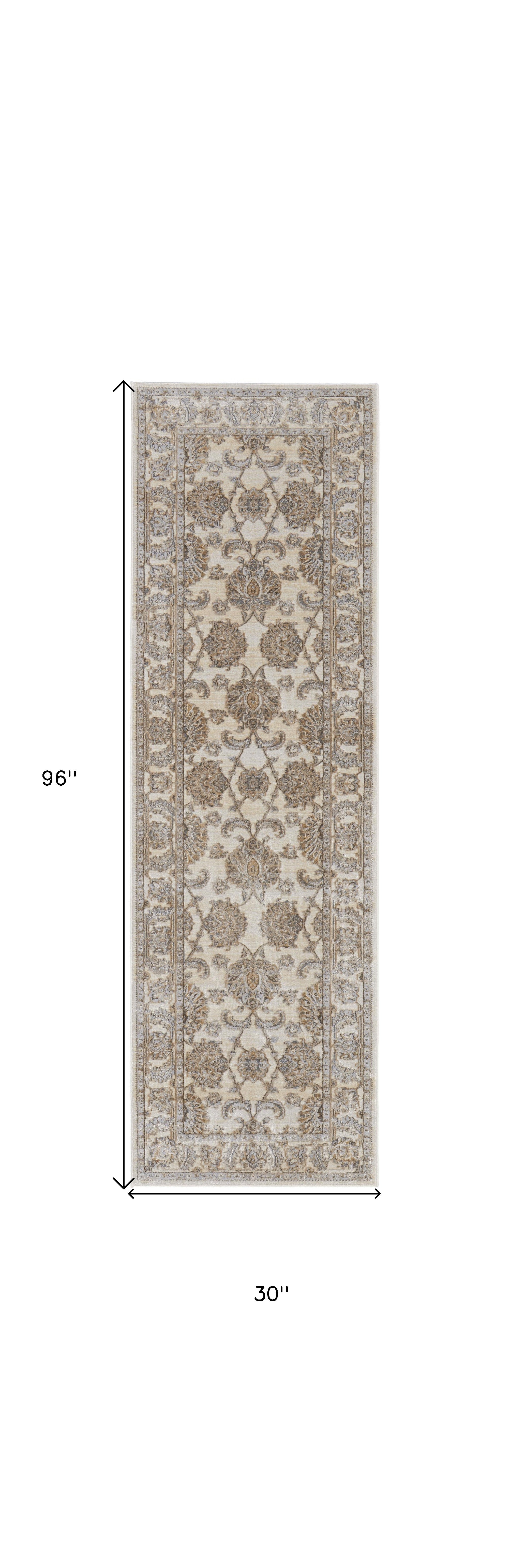8' Brown and Ivory Oriental Power Loom Distressed Runner Rug
