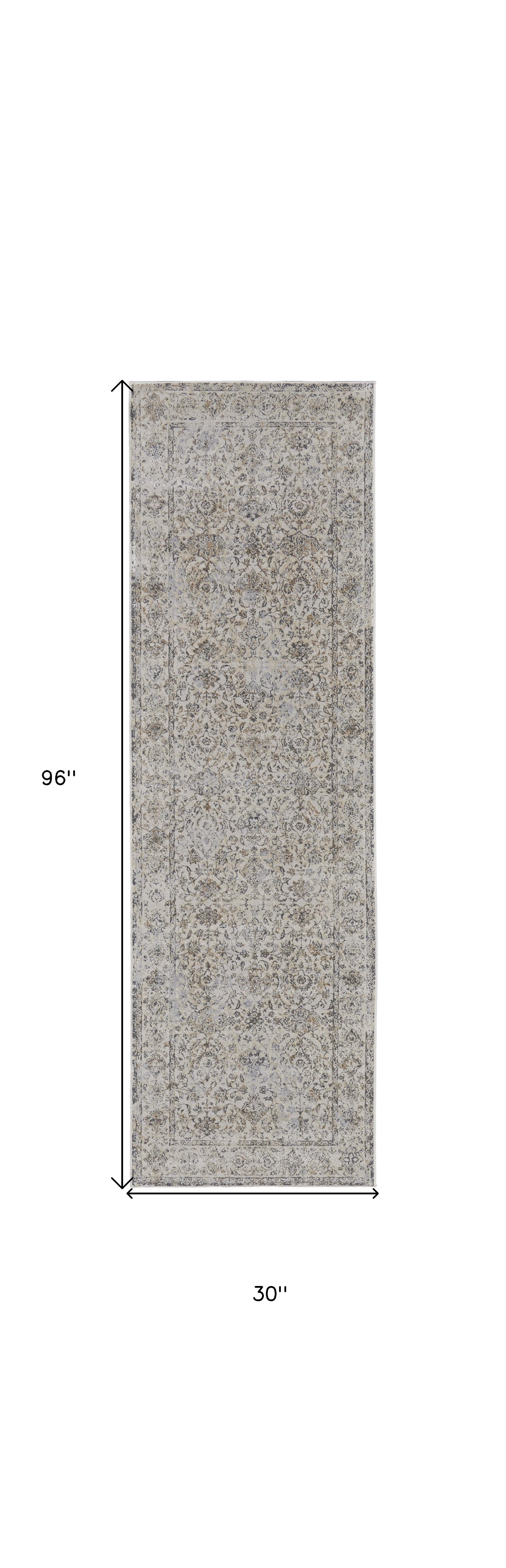 8' Brown and Ivory Oriental Power Loom Distressed Runner Rug