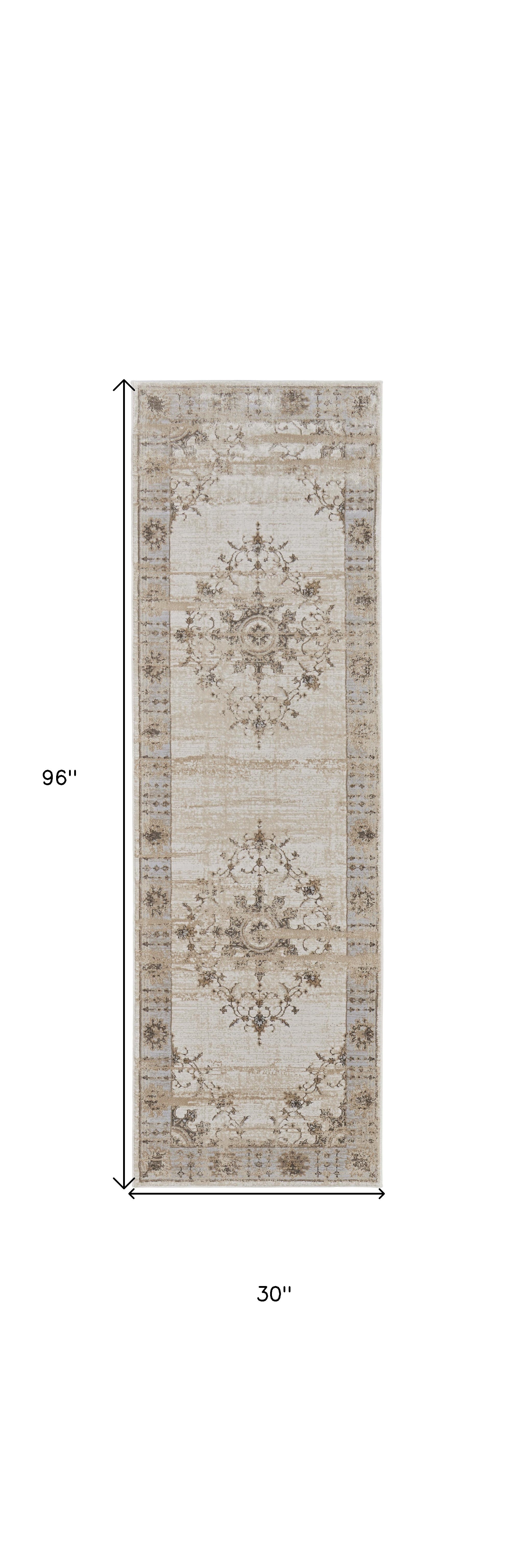 8' Brown and Ivory Oriental Power Loom Distressed Runner Rug