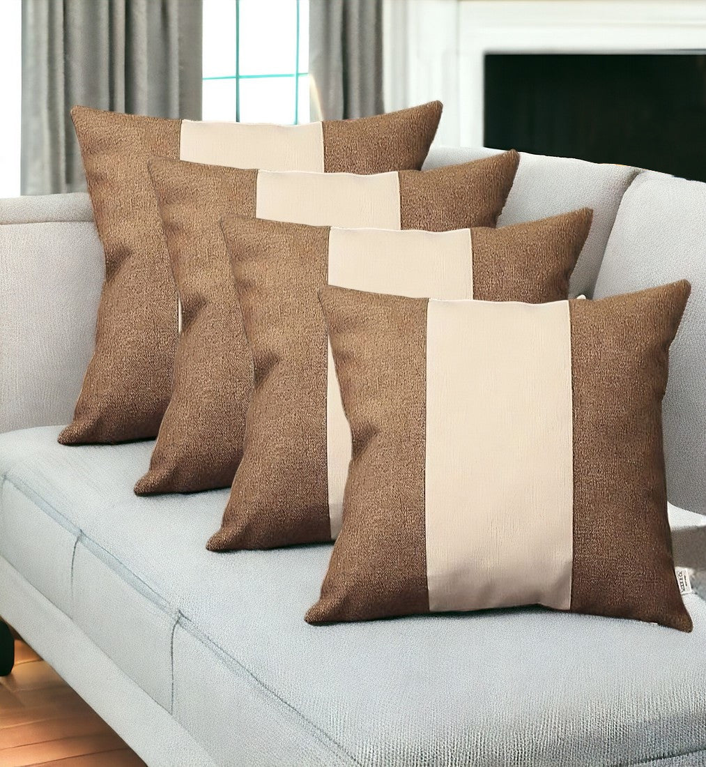 Set Of Four 18" X 18" Brown And Grey Polyester Geometric Zippered Pillow